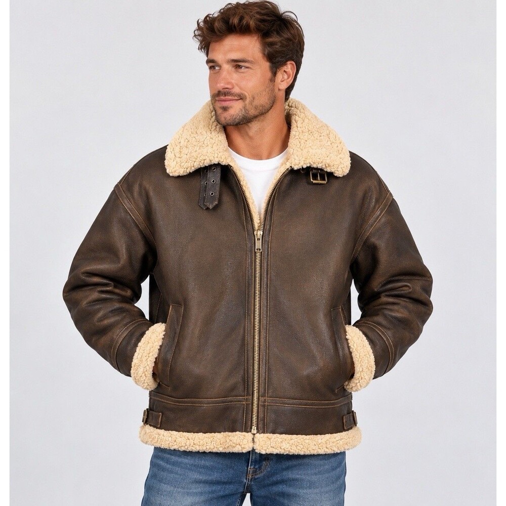 Men’s Brown Leather Shearling Aviator B3 Bomber Jacket Sherpa Lined Vintage